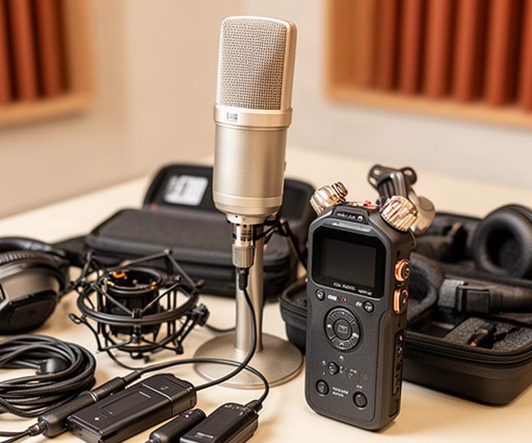 マイクと音声レコーダーを収録前に確認しているスタジオ設備と、整然と並んだ録音機材