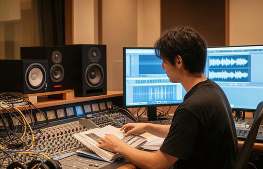 志賀町のスタジオで、音声卓と編集用モニターを確認しながら収録素材を整える作業風景