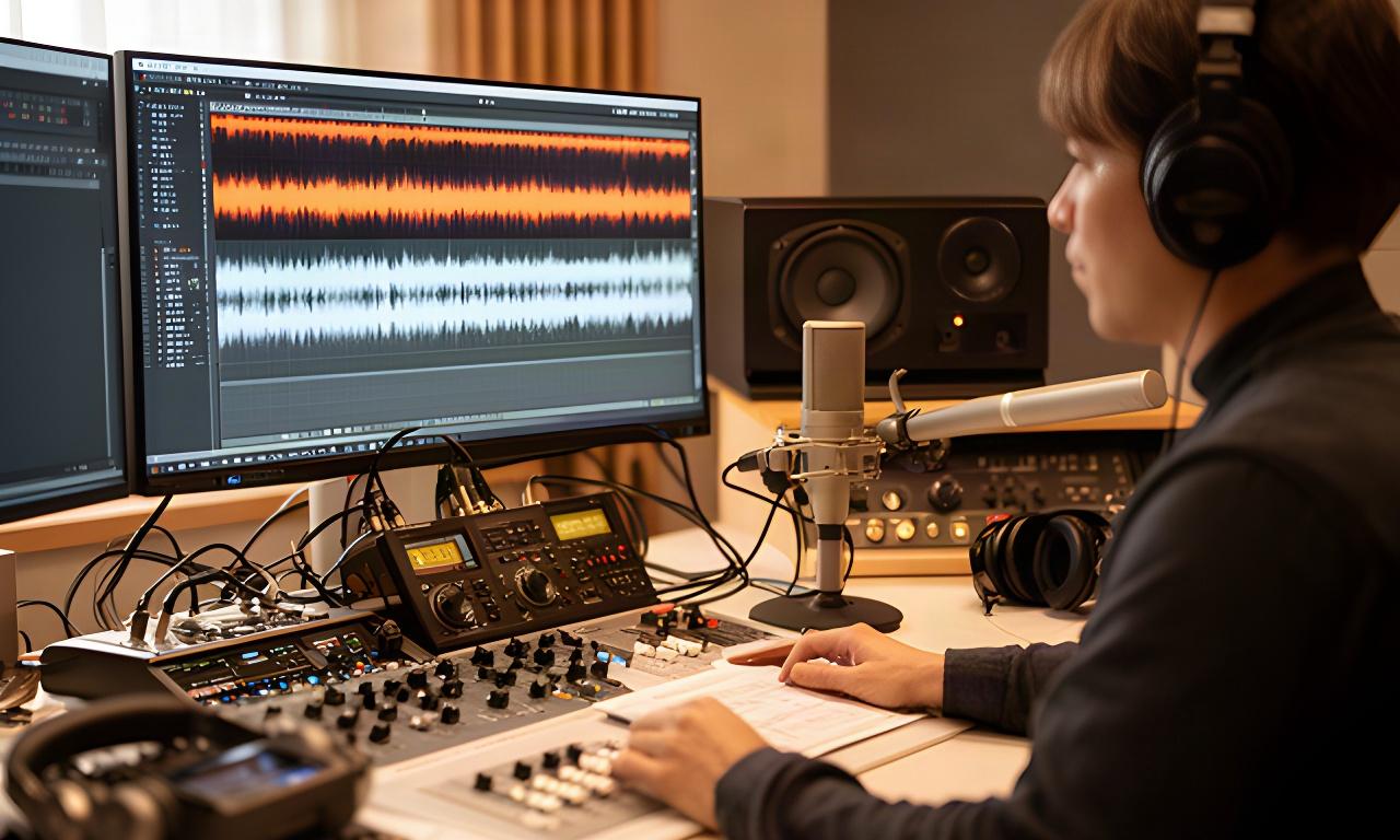 能登の映像制作現場で録音素材を確認し、編集卓の波形表示と音声機器を見比べる様子