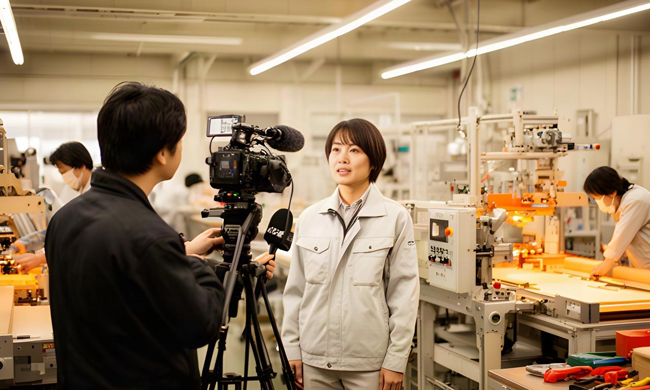 石川県の製造現場で、作業の様子を確認しながら社員インタビューを撮影するスタッフ