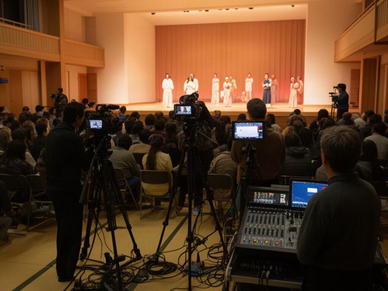 能登の地域ホールで、舞台上の演者と客席を複数のカメラで記録するイベント収録の様子