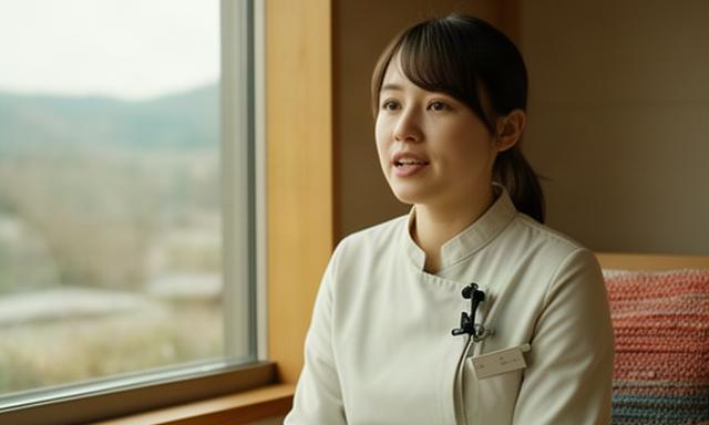 能登の宿泊施設で窓辺に座り話すスタッフ、施設紹介用インタビューの収録場面