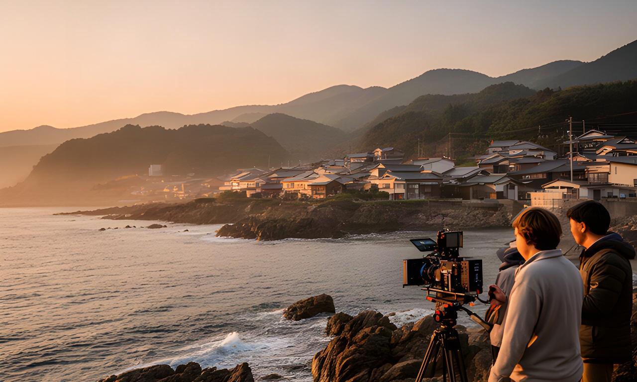 能登の海岸線と集落を望む夕景、地域の風景を撮影する映像スタッフ